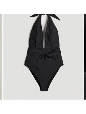 American Tall black one piece swimsuit black plunge neck size large Tall